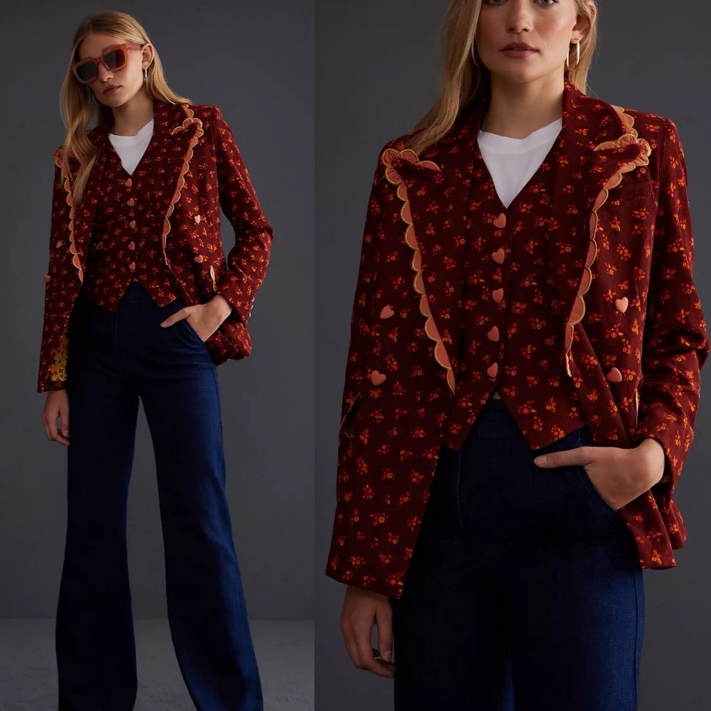 Celia B Jacket Floral Print Heart Button Backbone Brown Size XS